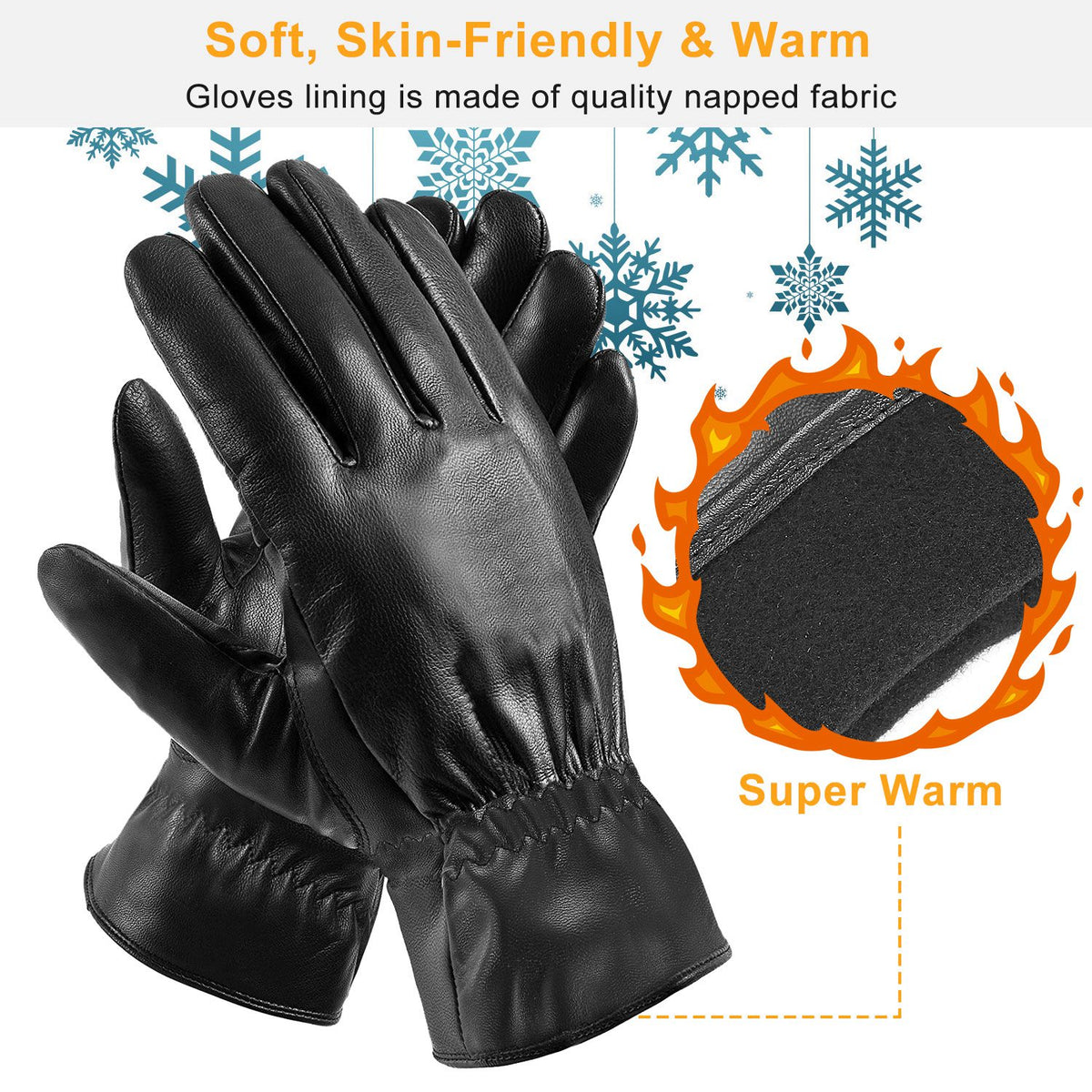 Guantes negros de cuero sintético forrados, cortavientos - image 3