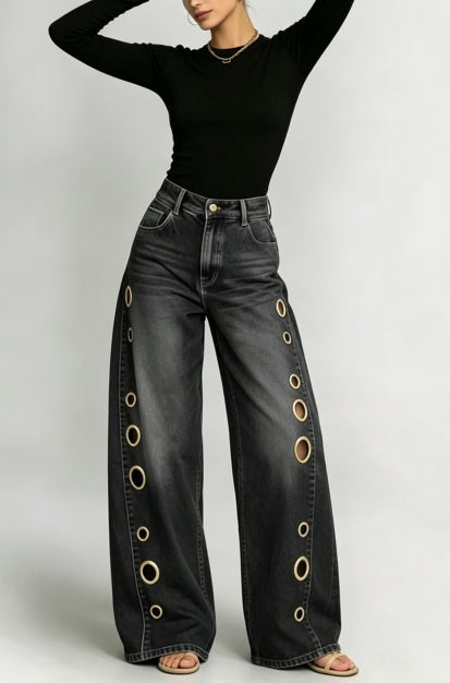 Jeans anchos negros con ojales de tiro alto - image 2