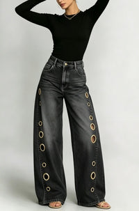 Jeans anchos negros con ojales de tiro alto - image 2