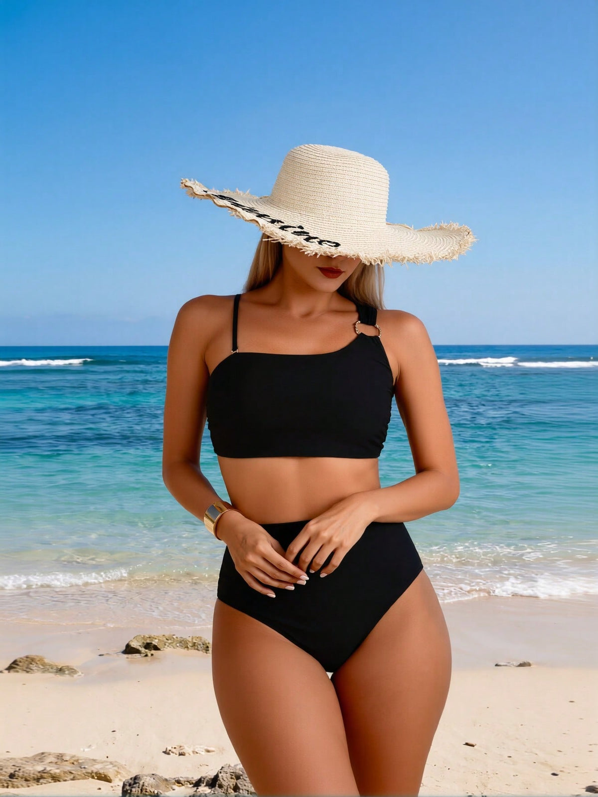 Women's Sexy Fashion Black Asymmetric Metal Ring Two-Piece Swimsuit For Vacation & Leisure - image 2