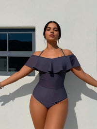 Off-Shoulder Ruffle One-Piece Swimsuit, Halter Neck Tummy Control Bathing Suit - image 3