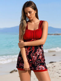 Women's Vibrant Swimdress Red Ruched Bandeau Top, Black Paisley Print Skirt And Matching Red Boyleg Shorts - image 2