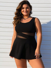 Vestido de baño negro con malla transparente en la cintura y falda con vuelo, tallas grandes - image 1