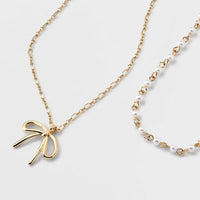 Acrylic Pearl & Bow Necklace Set 2 Pc - Gold - image 2