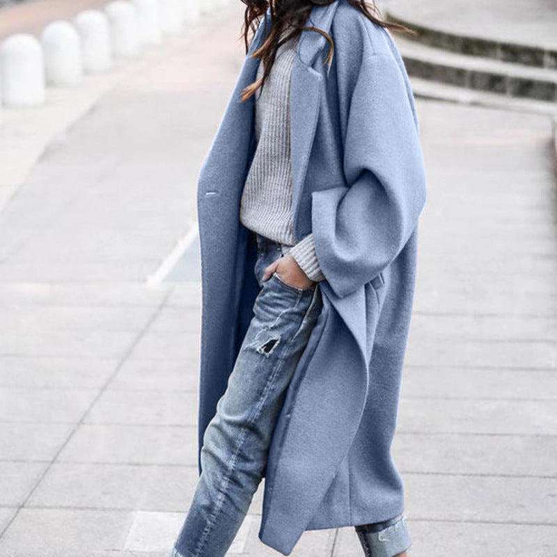 Women's Long Woolen Lapel Coat with Pockets, Khaki Single Breasted Winter Overcoat - image 3