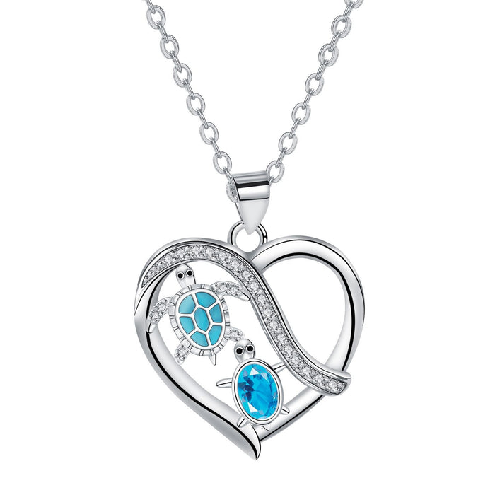 Blue Crystal Turtle Heart Necklace