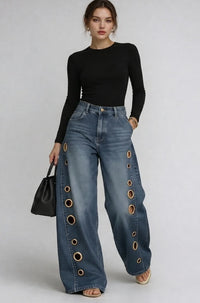 Jeans holgados de pierna ancha con ojales y lavado vintage - image 5