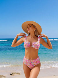 Women's Pink Floral Wide Strap Bralette Bikini, High Waist - image 1