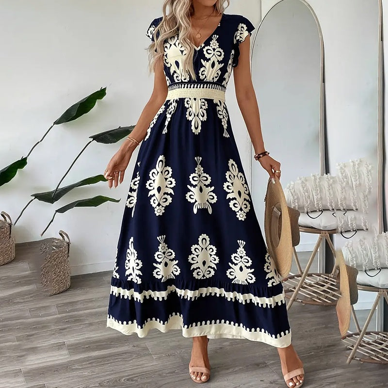 Women's Summer Flowy Maxi Dress Casual Cap Sleeve V Neck Smocked Waist Beach Sundress - image 6