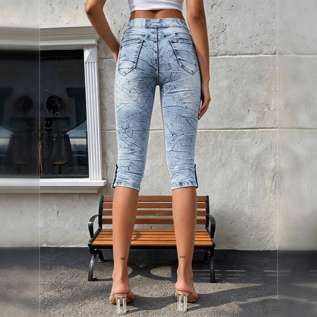 Women High Waist Snow Wash Drawstring Capri Jeans - image 5