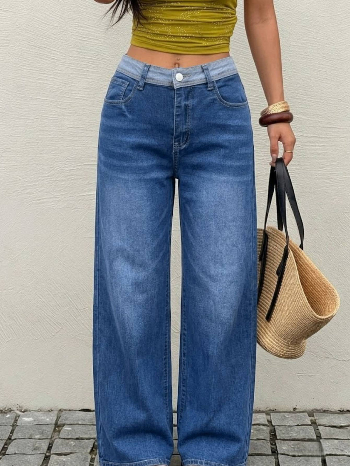 Contrast Waistband Medium Blue Wide Leg Jeans - image 2