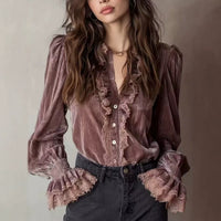 Women's Vintage Velvet V-Neck Blouse - image 1