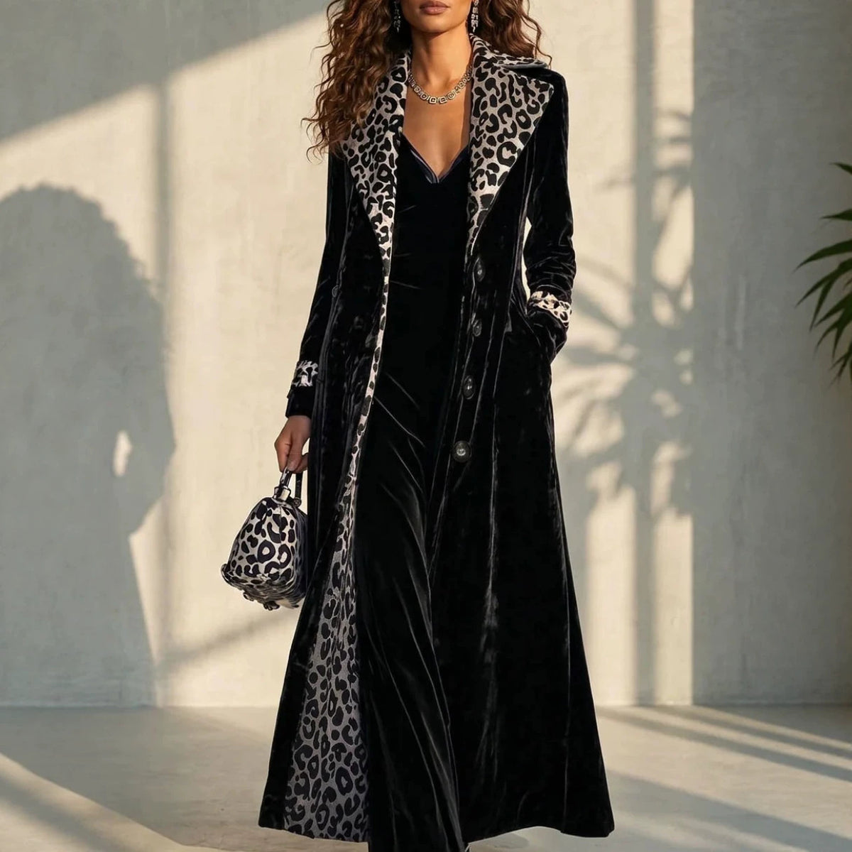 Retro Leopard Print Color Block Trench Coat - image 3