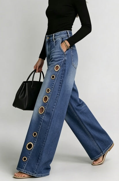 Women Wide Leg Jeans High Waist Blue Washed Grommet Baggy Denim Pants - image 3