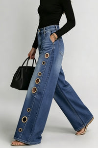 Women Wide Leg Jeans High Waist Blue Washed Grommet Baggy Denim Pants - image 3