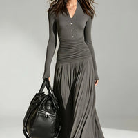 V-Neck Double-Breasted Long Sleeve Dress - image 1