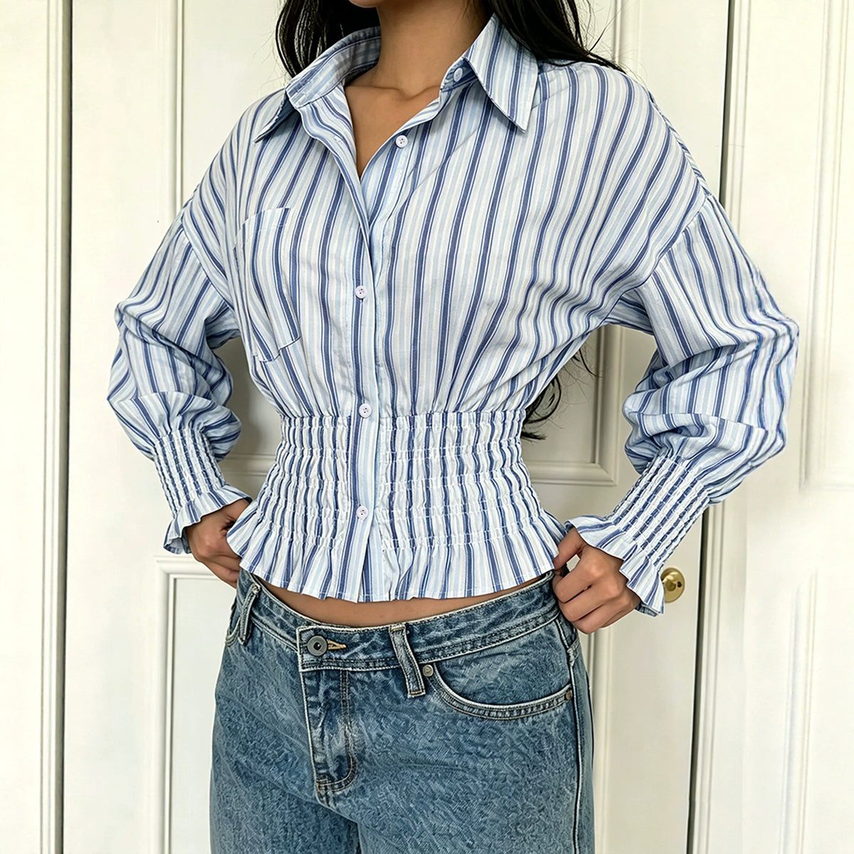Women's Vertical Stripe Pleated Shirt - image 4