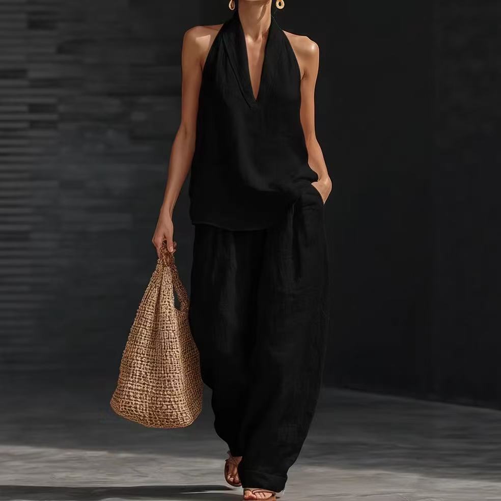 Conjunto de 2 piezas: top halter con escote en V y pantalón de pierna ancha
