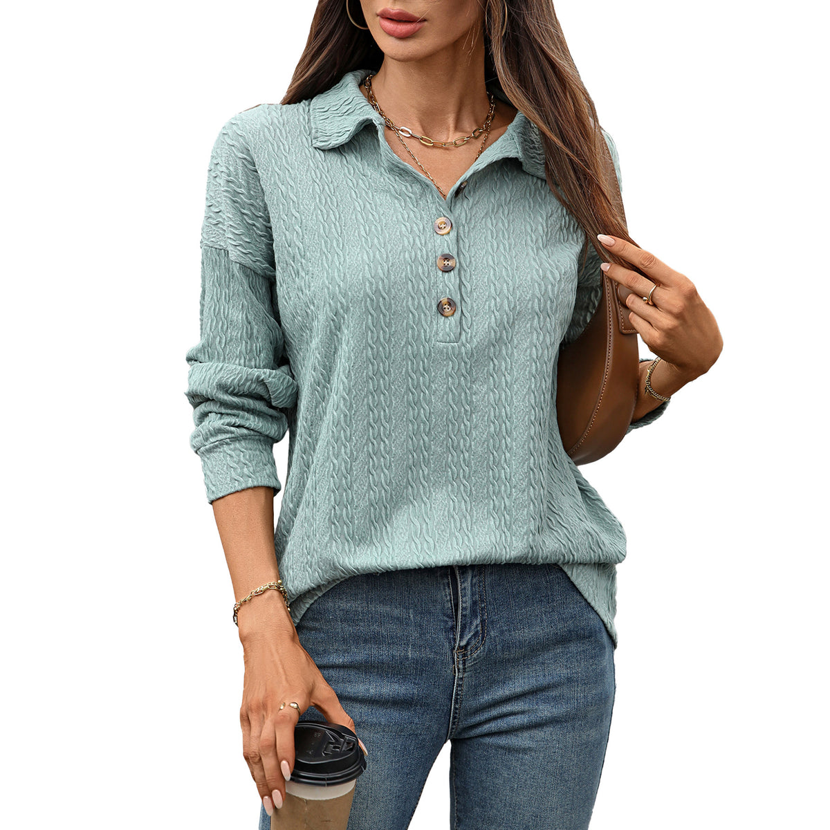 Solid Color Polo Collar Button Loose Long Sleeve Sweatershirt - image 5