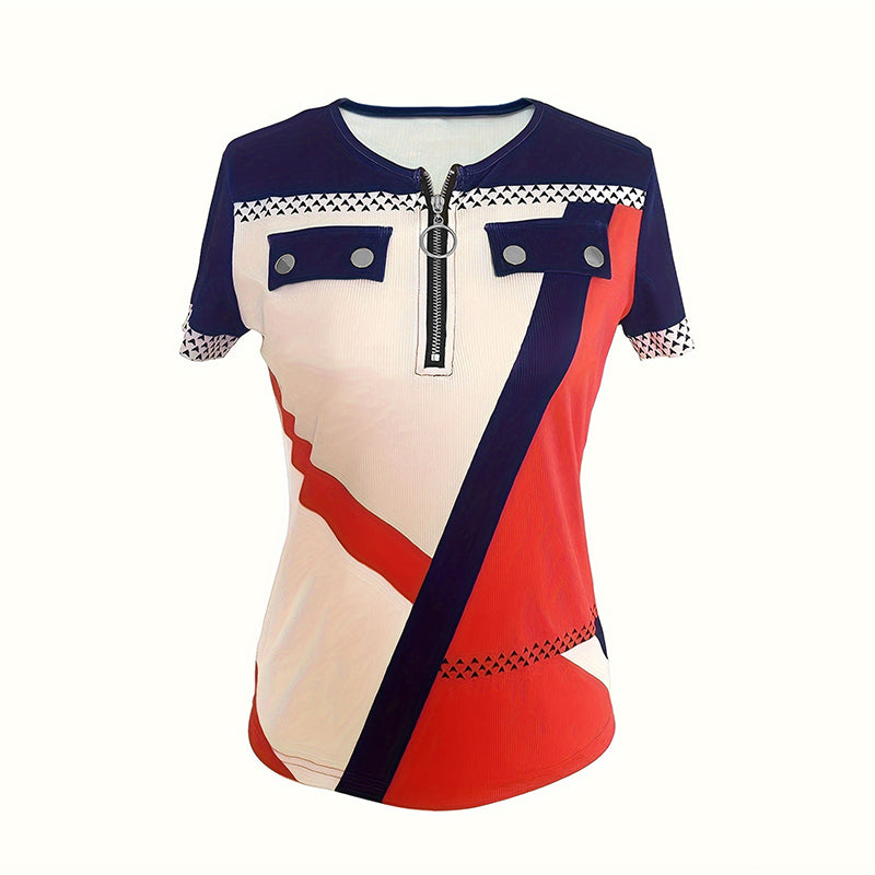 Women's Color Block Zipper T-Shirt, Casual Short Sleeve Summer Top - image 8