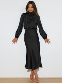Women's Satin Mock Neck Long Sleeve Midi Dress - image 3
