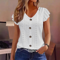 Solid Color Jacquard V-neck Buttons Long Sleeve T-shirt - image 3