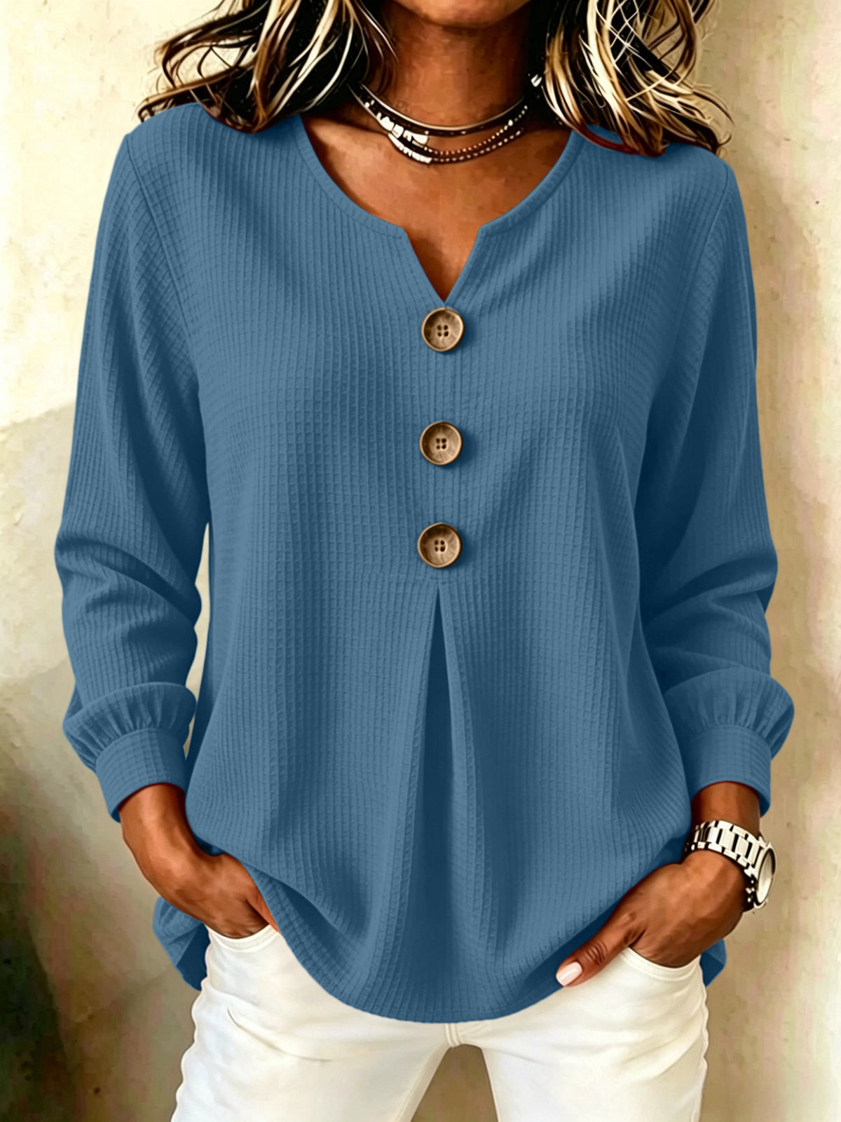 Loose V-Neck Button-Down Casual Top