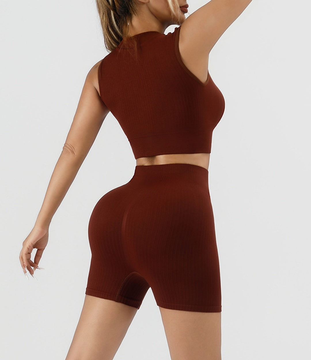Women's 2 Piece Ribbed Workout Set, Zip Front Sleeveless Crop Top and High Waist Biker Shorts - image 9