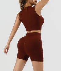Women's 2 Piece Ribbed Workout Set, Zip Front Sleeveless Crop Top and High Waist Biker Shorts - image 9