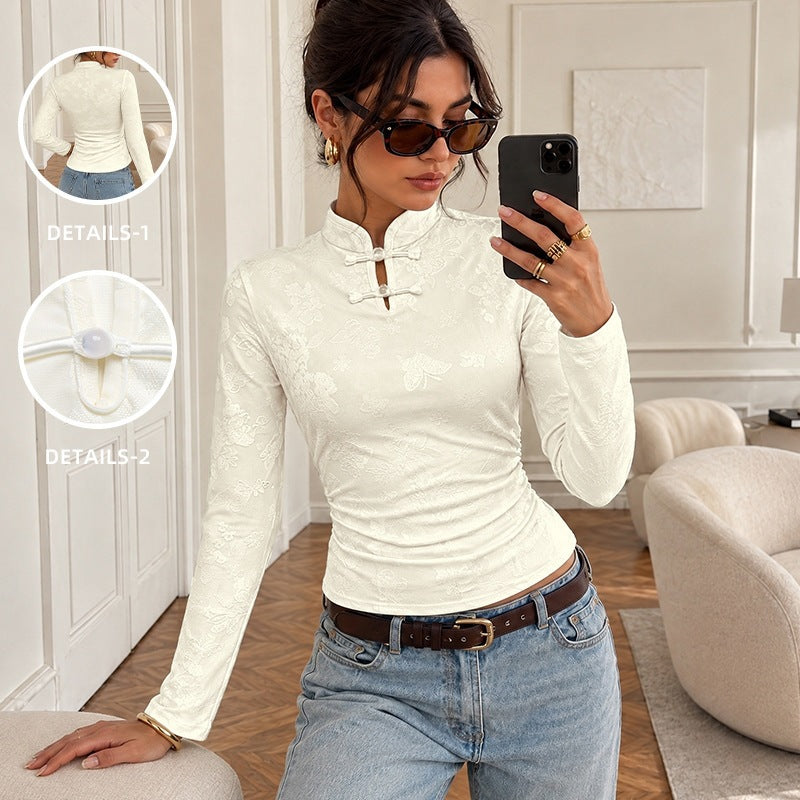 Stand Collar Jacquard Long Sleeve Top - image 2