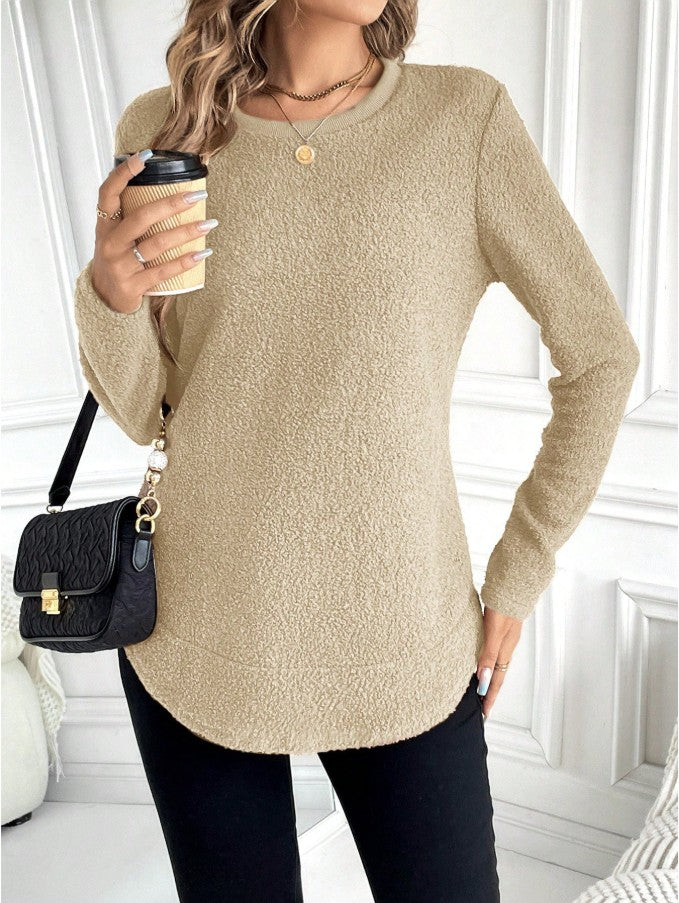 Casual Warm Solid Color Round Neck Teddy Sports Shirt - image 7