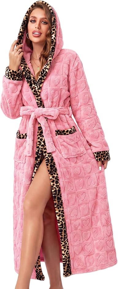 Women's Coral Fleece Long Robe Bathrobe, Jacquard Hearts - image 10
