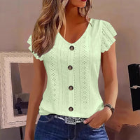 Solid Color Jacquard V-neck Buttons Long Sleeve T-shirt - image 2