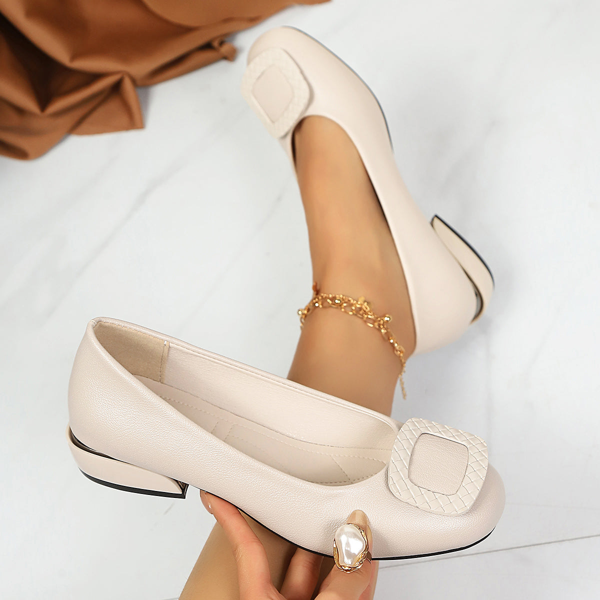 Women's Low Block Heel Slip-On Pumps with Square Buckle, Comfortable Round Toe Work Shoes - image 2