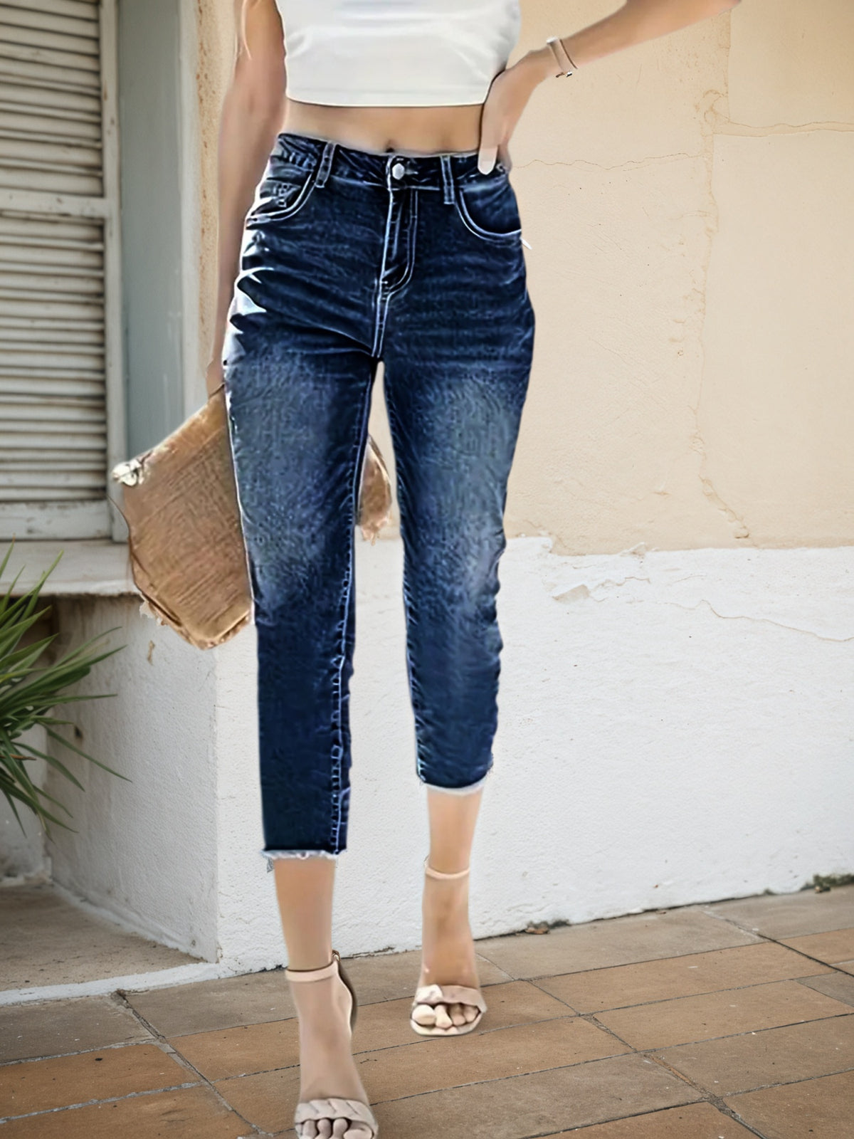 Women's Stretch Slim Fit Seven Quarter Denim Pants - High Stretch Frayed Edge Pocket Mid Waist Denim Seven - image 3