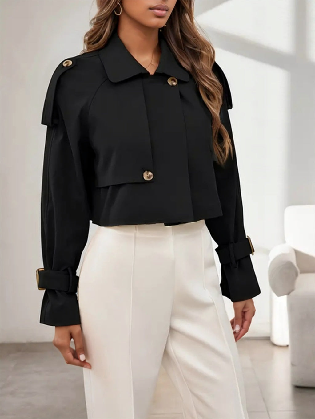 Women's Long Sleeve Cropped Trench Jacket - image 6