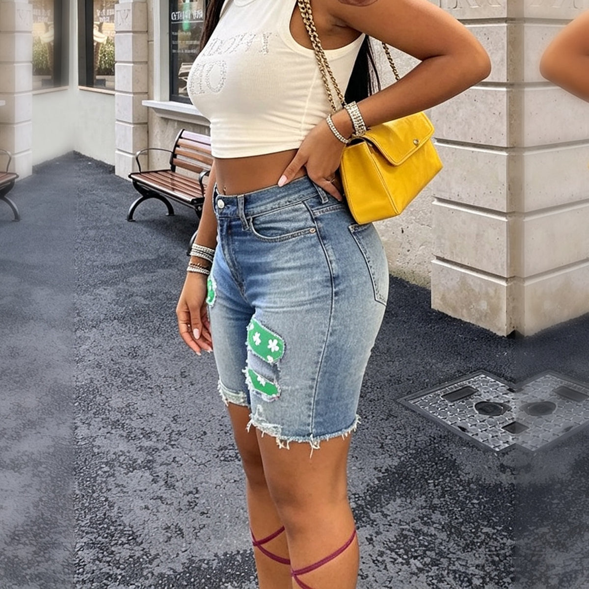 Plus Size High Waist Green Floral Patch Ripped Denim Bermuda Shorts - image 4