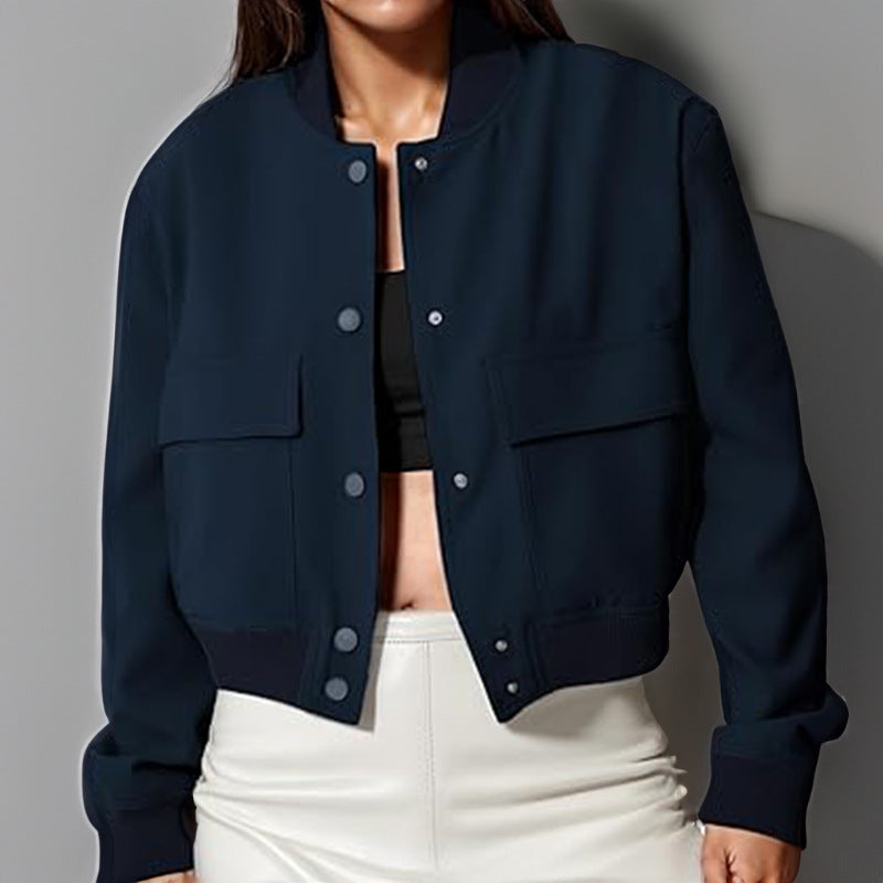 Women's Cropped Bomber Jacket, Stand Collar Snap Button Jacket with Flap Pockets - image 5