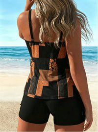 Abstract Geometric Print Tankini Swimsuit, U Neck Tummy Control Swimwear - image 5