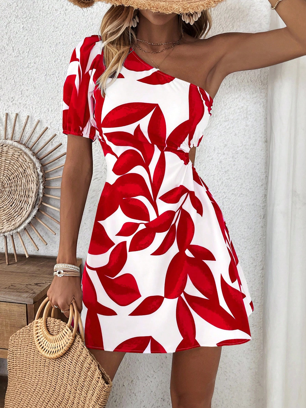 Women's One Shoulder Leaf Print Cutout Mini Dress - image 4