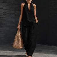 Conjunto de 2 piezas: top halter con escote en V y pantalón de pierna ancha - image 5