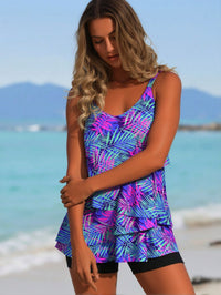 Women's Purple Palm Print Tiered Ruffle Tankini with Boyleg Shorts - image 2