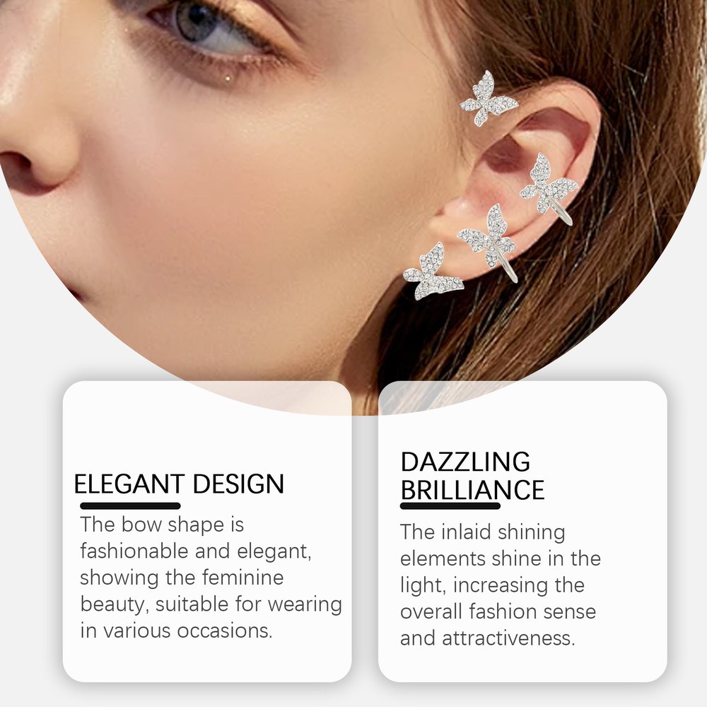 Shiny Bow Ear Clip Diamond Butterfly Nice Fashion Matching Elegance Holeless - image 4
