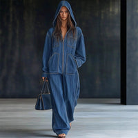 Women's Hooded Denim Jumpsuit, Wide Leg Zip-Up Overalls - image 1