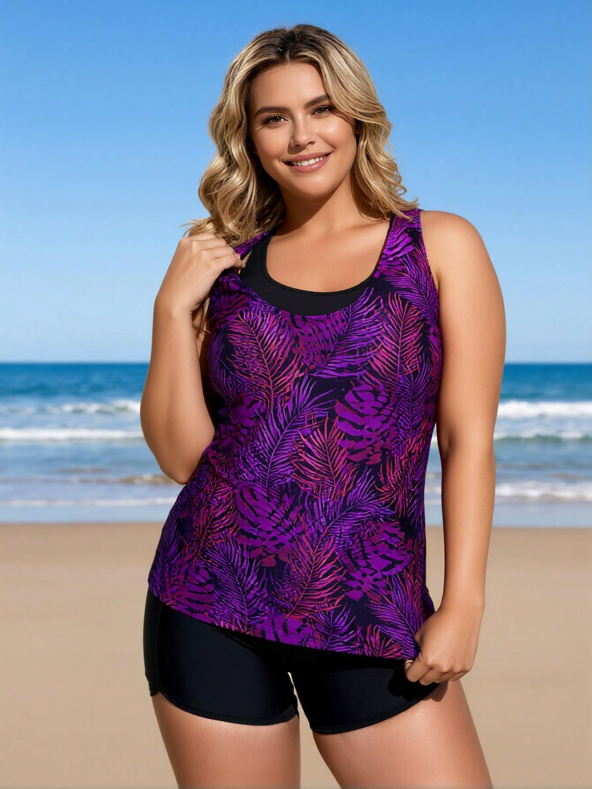 Women's Plus Size Purple Botanical Tankini with Boyleg Shorts - image 4