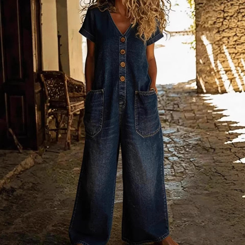 Comfortable Pocketed Short-Sleeve Casual Wide-Leg Jumpsuit - image 4