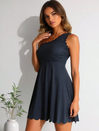 One-Shoulder Scalloped Trim Swim Dress, Ribbed Tummy Control - image 3
