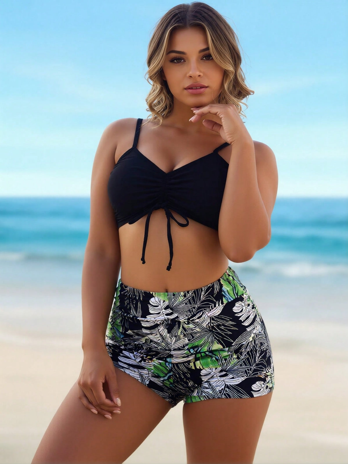 Solid Black Ruched Crop Swim Top, Jungle Leaf Print High Cut Conservative Bathing Suit Set - image 2