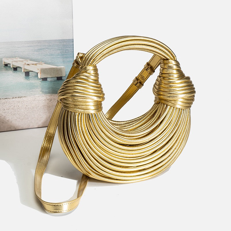 Women's Gold Woven Ring Handle Handbag - image 5