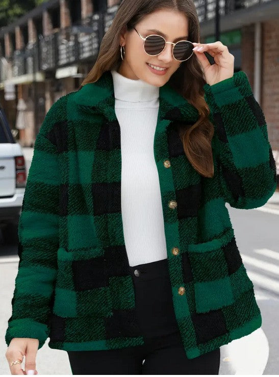 Women's Buffalo Plaid Fuzzy Jacket, Lapel Button Front Coat with Pockets - image 4